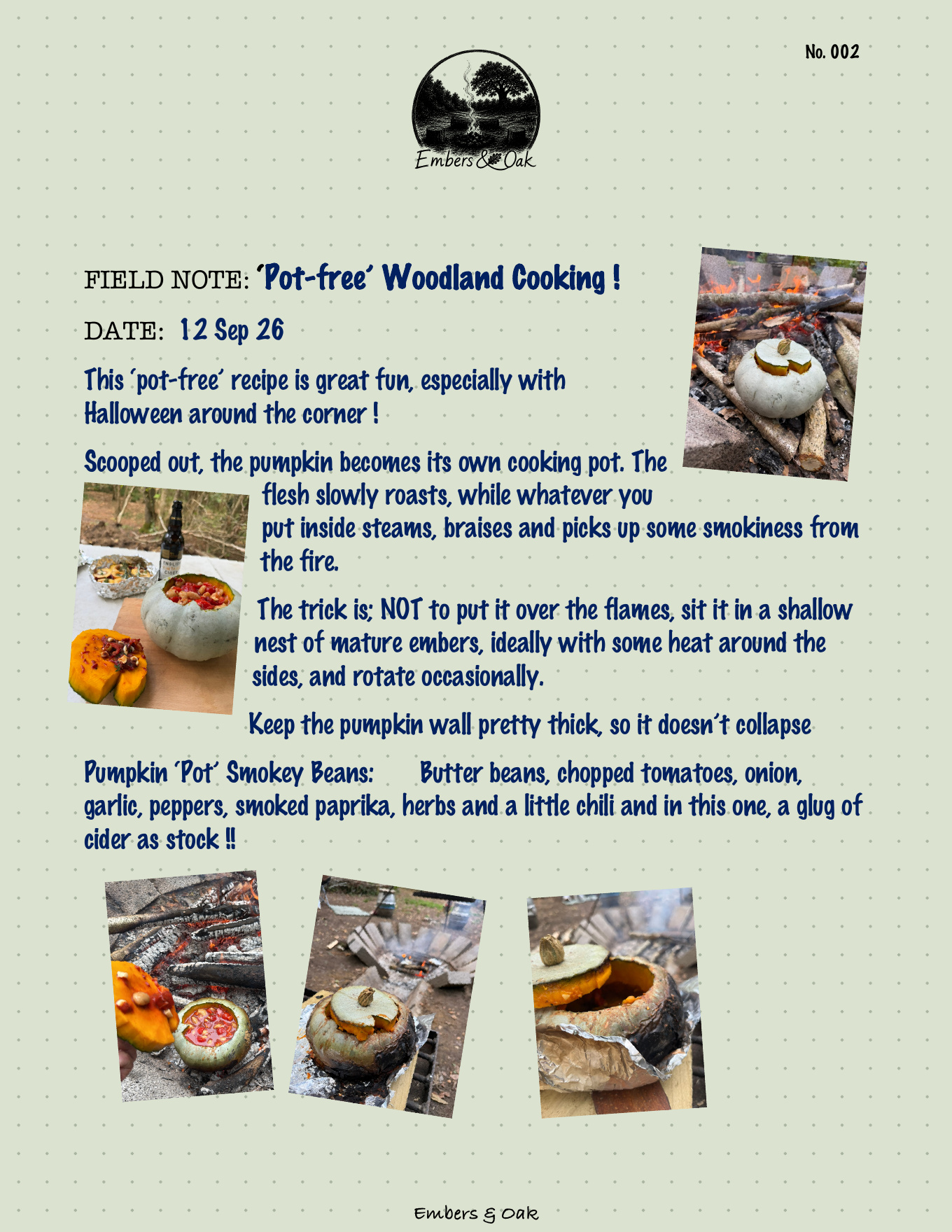 Field Note No. 002, ‘Pot-free’ Woodland Cooking !, 12 Sep 26. Original notebook page with five photographs of pumpkin cooking over woodland embers.