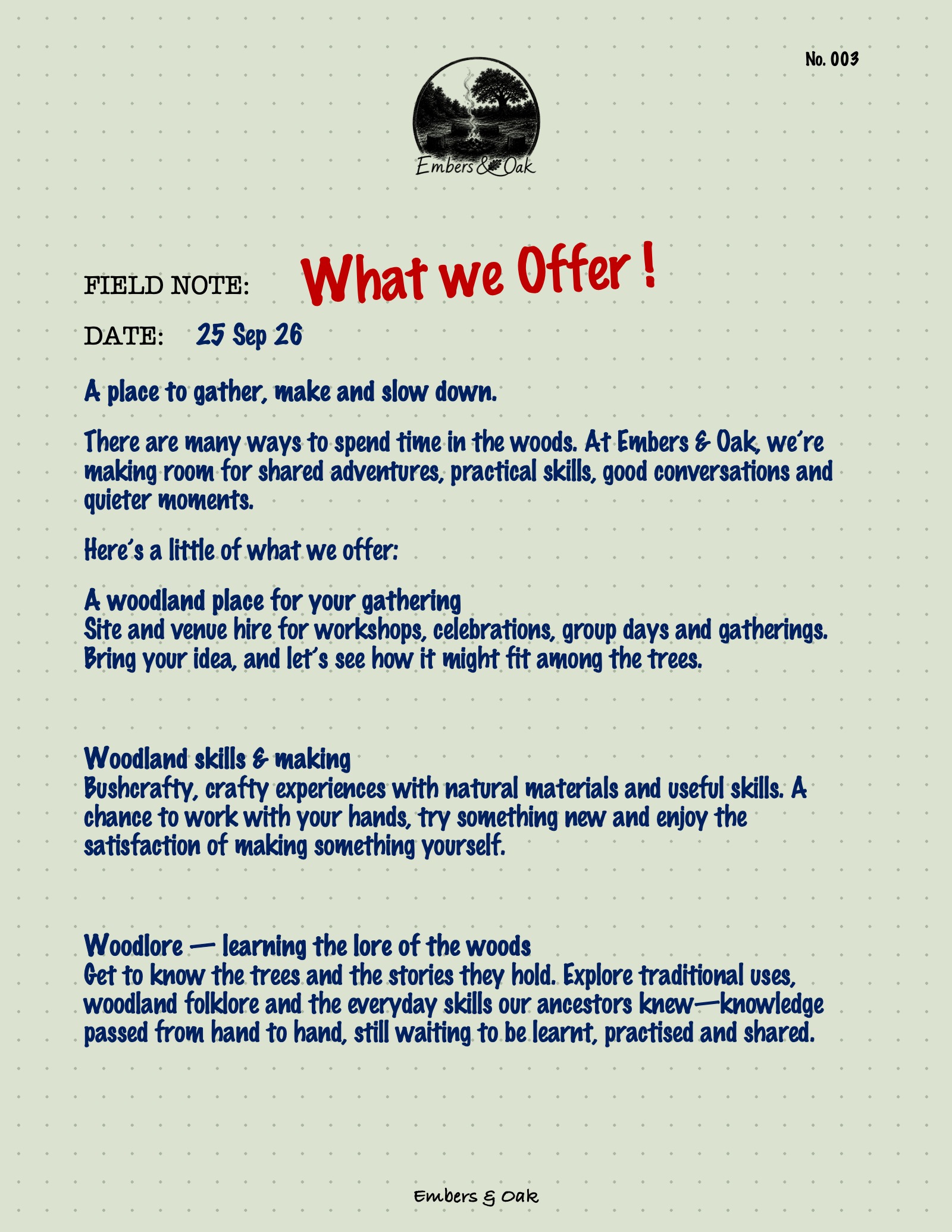 Field Note No. 003: What we Offer ! — page 1 of 2. 25 Sep 26.